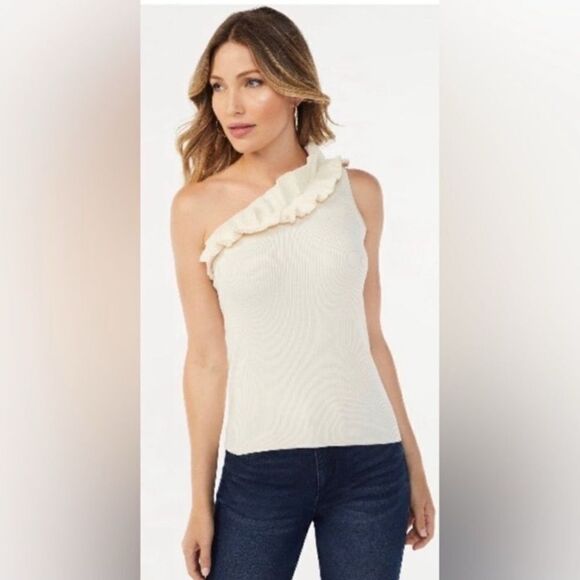 Sofia Vergara One Shoulder Ruffled Knit Tank Top Shirt Size M - Picture 1 of 9